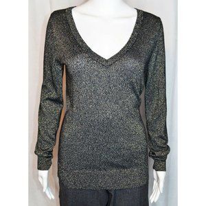 Mossimo V-Neck Black And Gold Metallic Long Sleeve Pullover Knit Sweater Size M